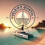DALL·E 2025-02-14 10.49.48 - A modern and minimalist design of a catamaran named 'Veleiro Quintal' anchored in a breathtaking crystal-clear beach. The catamaran features a central